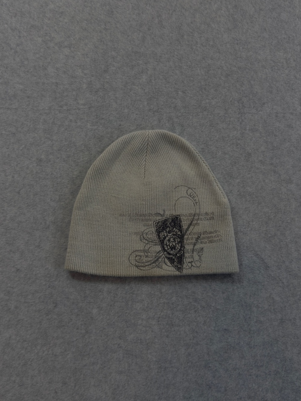 Affliction Style Y2K Gray Beanie Cap Hat with Grunge Graphic Design